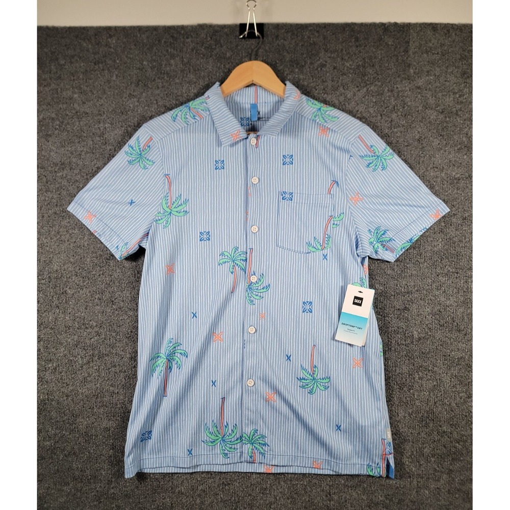 NEW Saxx DropTemp Dry Shirt Mens Medium Blue Tropical Palm Stripe Button Up Soft